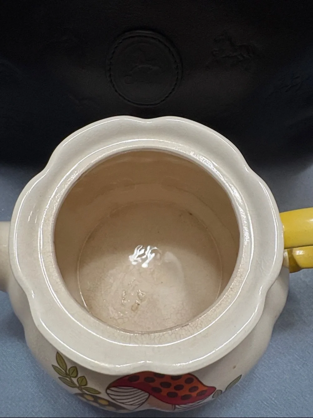 Vintage Mushroom Ceramic Teapot with Yellow Lid and Handle